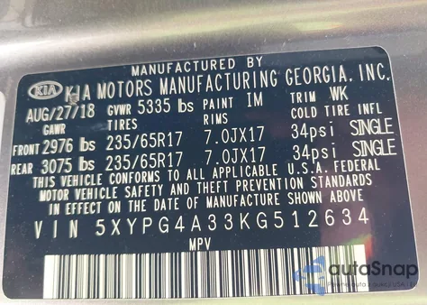 2019 Kia Sorento 2.4L Lx from USA, damaged, VIN 5XYPG4A33KG512634